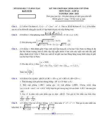 Đề thi chọn học sinh giỏi cấp tỉnh môn Toán Lớp 12 - Năm học 2020-2021 - Sở GD và ĐT Kon Tum (Có đáp án)