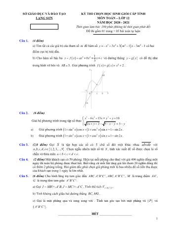 Đề thi chọn học sinh giỏi cấp tỉnh môn Toán Lớp 12 - Năm học 2020-2021 - Sở GD và ĐT Lạng Sơn (Có đáp án)