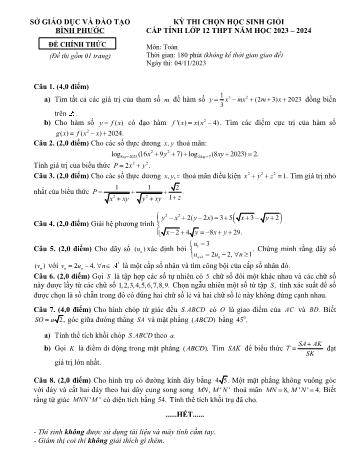 Đề thi chọn học sinh giỏi cấp tỉnh môn Toán Lớp 12 - Năm học 2023-2024 - Sở GD và ĐT Bình Phước (Có đáp án)