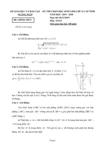 Đề thi chọn học sinh giỏi cấp tỉnh môn Toán Lớp 12 - Năm học 2019-2020 - Sở GD và ĐT Quảng Ngãi (Có đáp án)