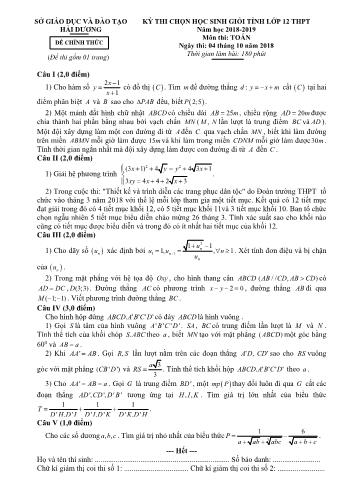 Đề thi chọn học sinh giỏi cấp tỉnh môn Toán Lớp 12 - Năm học 2018-2019 - Sở GD và ĐT Hải Dương (Có đáp án)