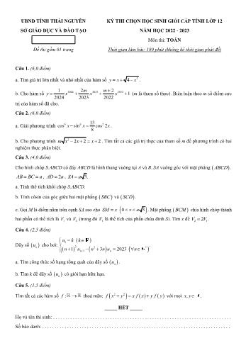 Đề thi chọn học sinh giỏi cấp tỉnh môn Toán Lớp 12 - Năm học 2022-2023 - Sở GD và ĐT Thái Nguyên