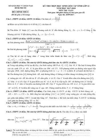 Đề thi chọn học sinh giỏi cấp tỉnh môn Toán Lớp 12 - Năm học 2017-2018 - Sở GD và ĐT Bình Phước (Có đáp án)
