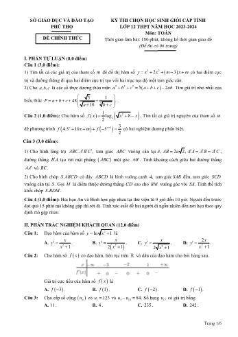 Đề thi chọn học sinh giỏi cấp tỉnh môn Toán Lớp 12 - Năm học 2023-2024 - Sở GD và ĐT Phú Thọ (Có đáp án)