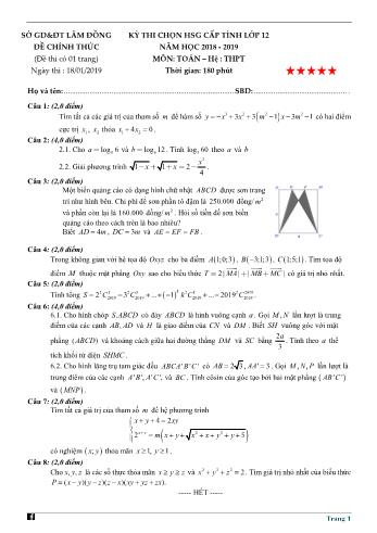 Đề thi chọn học sinh giỏi cấp tỉnh môn Toán Lớp 12 - Năm học 2018-2019 - Sở GD và ĐT Lâm Đồng (Có đáp án)