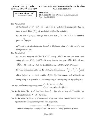 Đề thi chọn học sinh giỏi cấp tỉnh môn Toán Lớp 12 - Năm học 2017-2018 - Sở GD và ĐT Lai Châu (Có đáp án)