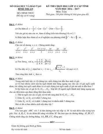 Đề thi chọn học sinh giỏi cấp tỉnh môn Toán Lớp 12 - Năm học 2016-2017 - Sở GD và ĐT Bình Thuận (Có đáp án)