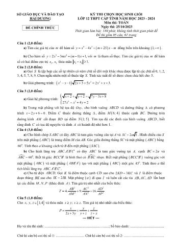 Đề thi chọn học sinh giỏi cấp tỉnh môn Toán Lớp 12 - Năm học 2023-2024 - Sở GD và ĐT Hải Dương (Có đáp án)