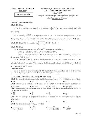 Đề thi chọn học sinh giỏi cấp tỉnh môn Toán Lớp 12 - Năm học 2020-2021 - Sở GD và ĐT Phú Thọ