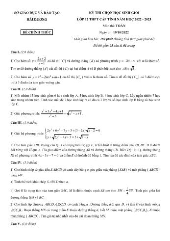 Đề thi chọn học sinh giỏi cấp tỉnh môn Toán Lớp 12 - Năm học 2022-2023 - Sở GD và ĐT Hải Dương (Có đáp án)