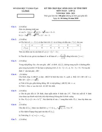 Đề thi chọn học sinh giỏi cấp tỉnh môn Toán Lớp 12 - Năm học 2020-2021 - Sở GD và ĐT Cà Mau (Có đáp án)