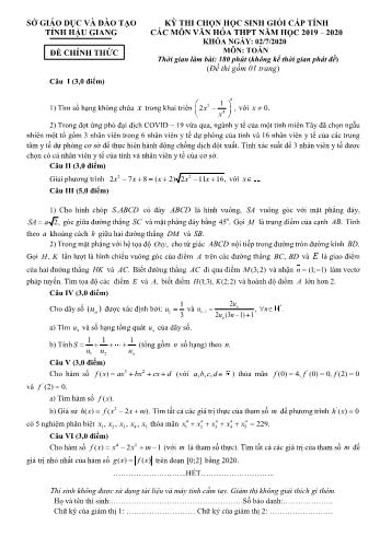 Đề thi chọn học sinh giỏi cấp tỉnh môn Toán Lớp 12 - Năm học 2019-2020 - Sở GD và ĐT Hậu Giang (Có đáp án)