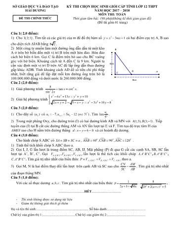 Đề thi chọn học sinh giỏi cấp tỉnh môn Toán Lớp 12 - Năm học 2017-2018 - Sở GD và ĐT Hải Dương (Có đáp án)