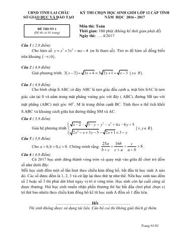 Đề thi chọn học sinh giỏi cấp tỉnh môn Toán Lớp 12 - Năm học 2016-2017 - Sở GD và ĐT Lai Châu (Có đáp án)
