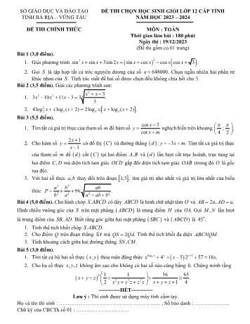 Đề thi chọn học sinh giỏi cấp tỉnh môn Toán Lớp 12 - Năm học 2023-2024 - Sở GD và ĐT Bà Rịa - Vũng Tàu (Có đáp án)