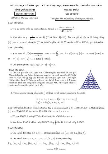 Đề thi chọn học sinh giỏi cấp tỉnh môn Toán Lớp 12 - Năm học 2019-2020 - Sở GD và ĐT Quảng Bình (Có đáp án)