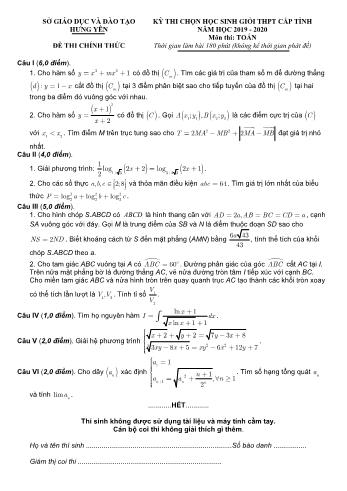 Đề thi chọn học sinh giỏi cấp tỉnh môn Toán Lớp 12 - Năm học 2019-2020 - Sở GD và ĐT Hưng Yên (Có đáp án)