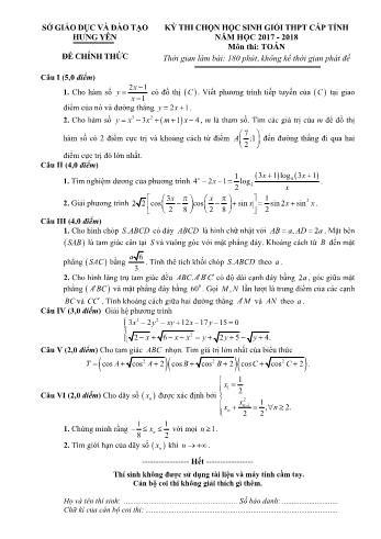 Đề thi chọn học sinh giỏi cấp tỉnh môn Toán Lớp 12 - Năm học 2017-2018 - Sở GD và ĐT Hưng Yên (Có đáp án)