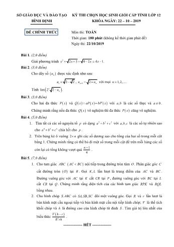 Đề thi chọn học sinh giỏi cấp tỉnh môn Toán Lớp 12 - Năm học 2019-2020 - Sở GD và ĐT Bình Định (Có đáp án)