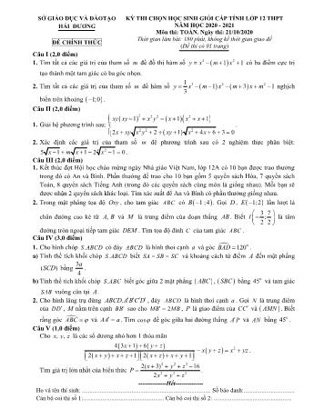 Đề thi chọn học sinh giỏi cấp tỉnh môn Toán Lớp 12 - Năm học 2020-2021 - Sở GD và ĐT Hải Dương (Có đáp án)