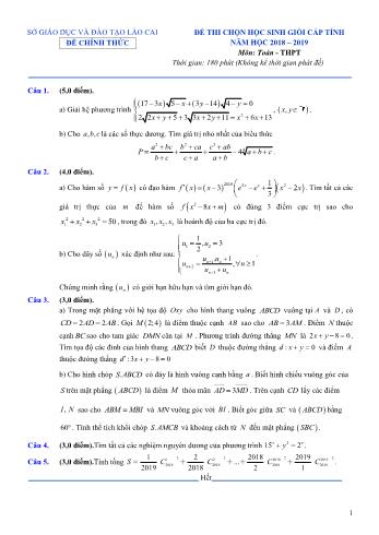 Đề thi chọn học sinh giỏi cấp tỉnh môn Toán Lớp 12 - Năm học 2018-2019 - Sở GD và ĐT Lào Cai (Có đáp án)
