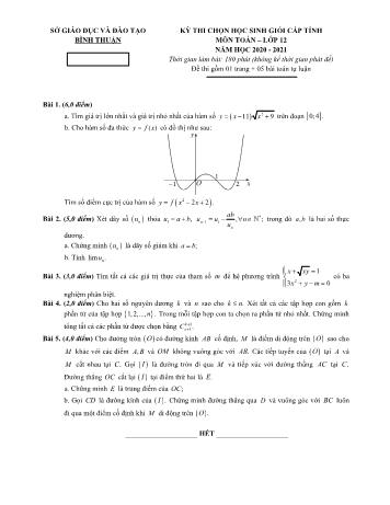 Đề thi chọn học sinh giỏi cấp tỉnh môn Toán Lớp 12 - Năm học 2020-2021 - Sở GD và ĐT Bình Thuận (Có đáp án)