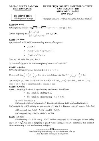 Đề thi chọn học sinh giỏi cấp tỉnh môn Toán Lớp 12 - Năm học 2018-2019 - Sở GD và ĐT Hậu Giang (Có đáp án)