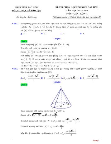 Đề thi chọn học sinh giỏi cấp tỉnh môn Toán Lớp 12 - Năm học 2021-2022 - Sở GD và ĐT Bắc Ninh (Có đáp án)