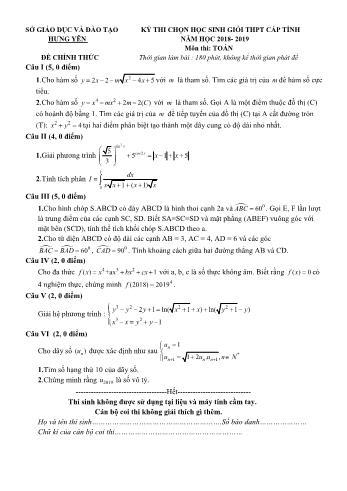 Đề thi chọn học sinh giỏi cấp tỉnh môn Toán Lớp 12 - Năm học 2018-2019 - Sở GD và ĐT Hưng Yên