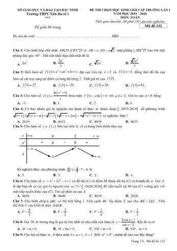 Đề thi chọn học sinh giỏi cấp trường lần 1 môn Toán Lớp 12 - Mã đề 132 - Năm học 2019-2020 - Trường THPT Tiên Du số 1