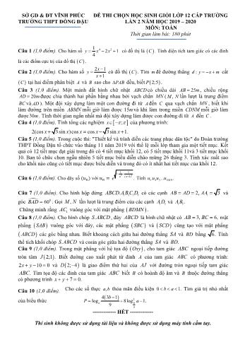 Đề thi chọn học sinh giỏi cấp trường lần 2 môn Toán Lớp 12 - Năm học 2019-2020 - Trường THPT Đồng Đậu (Có đáp án)