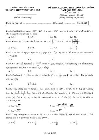 Đề thi chọn học sinh giỏi cấp trường môn Toán Lớp 12 - Mã đề 005 - Năm học 2023-2024 - Trường THPT Yên Phong số 2 (Có đáp án)