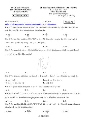 Đề thi chọn học sinh giỏi cấp trường môn Toán Lớp 12 - Mã đề 173 - Năm học 2023-2024 - Trường THPT chuyên Lê Hồng Phong (Có đáp án)
