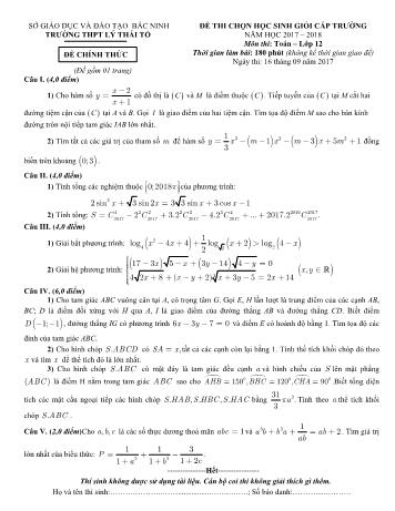 Đề thi chọn học sinh giỏi cấp trường môn Toán Lớp 12 - Năm học 2017-2018 - Trường THPT Lý Thái Tổ (Có đáp án)