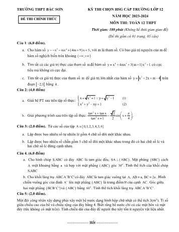 Đề thi chọn học sinh giỏi cấp trường môn Toán Lớp 12 - Năm học 2023-2024 - Trường THPT Bắc Sơn (Có đáp án)