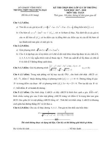 Đề thi chọn học sinh giỏi cấp trường môn Toán Lớp 12 - Năm học 2017-2018 - Trường THPT Trần Hưng Đạo (Có đáp án)