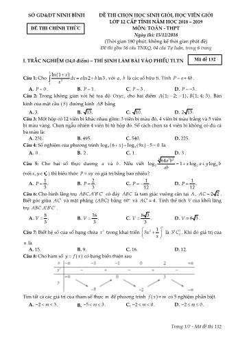 Đề thi chọn học sinh giỏi, học viên giỏi cấp tỉnh môn Toán Lớp 12 - Mã đề 132 - Năm học 2018-2019 - Sở GD và ĐT Ninh Bình