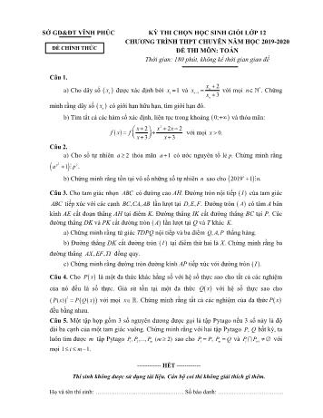 Đề thi chọn học sinh giỏi môn Toán Lớp 12 chương trình THPT chuyên - Năm học 2019-2020 - Sở GD và ĐT Vĩnh Phúc (Có đáp án)
