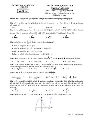 Đề thi chọn học sinh giỏi môn Toán Lớp 12 - Mã đề 101 - Năm học 2020-2021 - Sở GD và ĐT Nam Định
