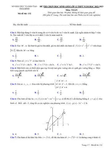 Đề thi chọn học sinh giỏi môn Toán Lớp 12 - Mã đề 132 - Năm học 2022-2023 - Sở GD và ĐT Thái Bình (Có đáp án)