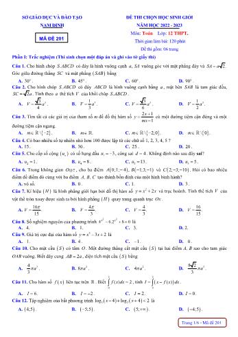 Đề thi chọn học sinh giỏi môn Toán Lớp 12 - Mã đề 201 - Năm học 2022-2023 - Sở GD và ĐT Nam Định (Có đáp án)