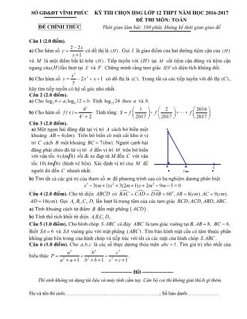 Đề thi chọn học sinh giỏi môn Toán Lớp 12 - Năm học 2016-2017 - Sở GD và ĐT Vĩnh Phúc