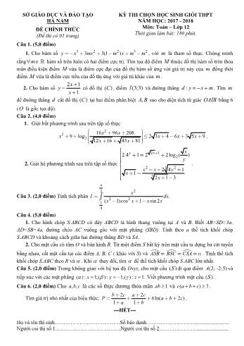 Đề thi chọn học sinh giỏi môn Toán Lớp 12 - Năm học 2017-2018 - Sở GD và ĐT Hà Nam (Có đáp án)
