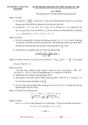 Đề thi chọn học sinh giỏi môn Toán Lớp 12 - Năm học 2017-2018 - Sở GD và ĐT Thái Bình (Có đáp án)
