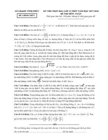 Đề thi chọn học sinh giỏi môn Toán Lớp 12 - Năm học 2017-2018 - Sở GD và ĐT Vĩnh Phúc (Có đáp án)