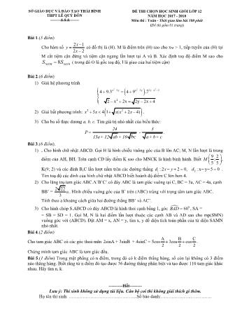 Đề thi chọn học sinh giỏi môn Toán Lớp 12 - Năm học 2017-2018 - Trường THPT Lê Quý Đôn (Có đáp án)