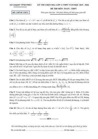 Đề thi chọn học sinh giỏi môn Toán Lớp 12 - Năm học 2019-2020 - Sở GD và ĐT Vĩnh Phúc (Có đáp án)