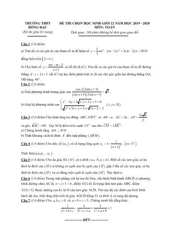 Đề thi chọn học sinh giỏi môn Toán Lớp 12 - Năm học 2019-2020 - Trường THPT Đồng Đậu (Có đáp án)