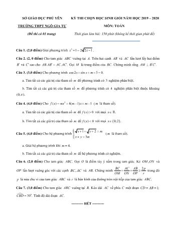Đề thi chọn học sinh giỏi môn Toán Lớp 12 - Năm học 2019-2020 - Sở GD và ĐT Phú Yên (Có đáp án)