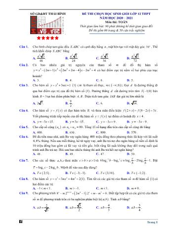 Đề thi chọn học sinh giỏi môn Toán Lớp 12 - Năm học 2020-2021 - Sở GD và ĐT Thái Bình (Có đáp án)